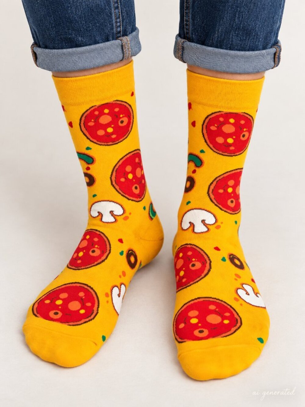 Pizza Novelty Crew Socks Orange Pepperoni Mushroom Food One Size